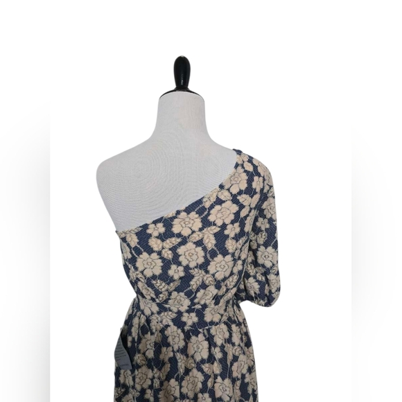 NSR Nordstrom Blue Navy Cream Floral One Shoulder Lace Midi Dress Size XS - Picture 5 of 5